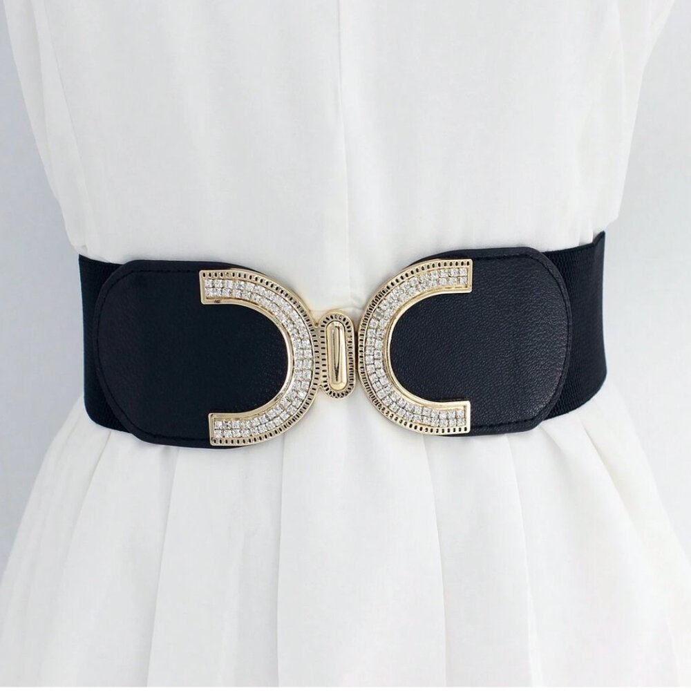 Rhinestone Buckle With Elastic Waist Belt Black